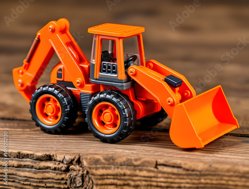 Orange toy excavator standing on wooden surface