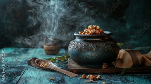 Obraz na płótnie Traditional metal pot of hot food with smoke rising on wooden table in moody rustic kitchen w salonie