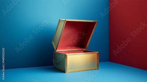 Obraz na płótnie Golden box with red velvet lining displayed against blue and red studio backdrop luxury product concept w salonie