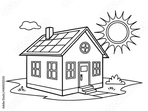 Sun, solar panel, house continuous one line icon drawing. Energy of sun with ecology home power station vector illustration in doodle style. Contour line sign for innovation, environment, and renewabl