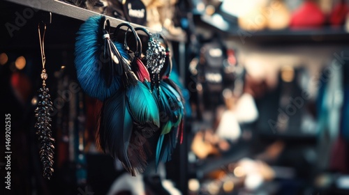 Handcrafted ethnic dreamcatchers and feathers hanging in colorful artisan market with cultural expression display