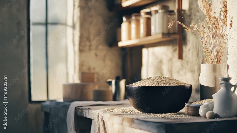 Industrial rustic kitchen with open wooden shelves and ceramic utensils next to window natural daylight