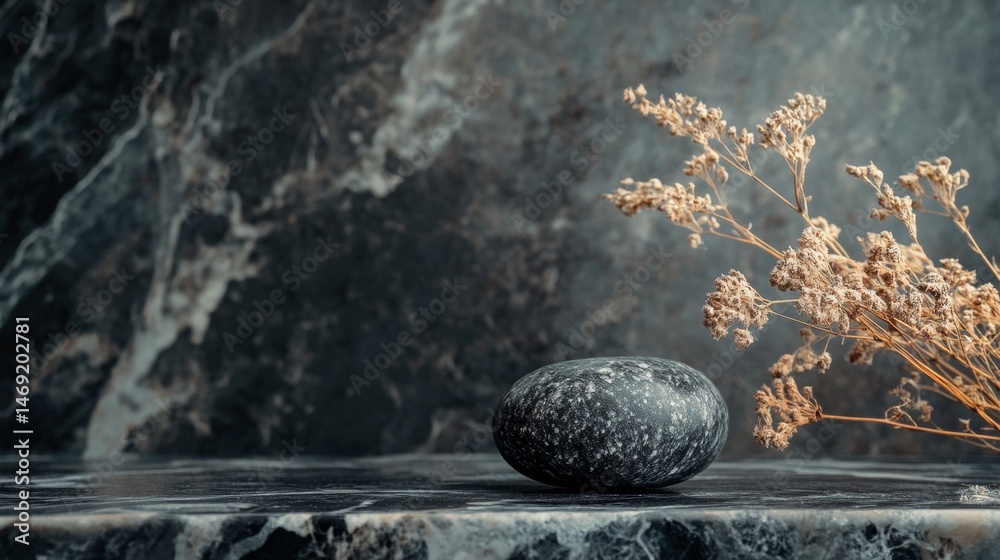 Black marble background with smooth zen stone and dried plant in minimalist tranquil spa scene
