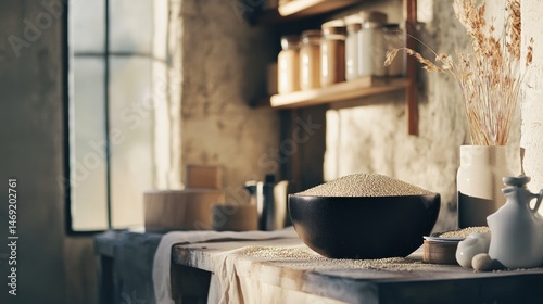Industrial rustic kitchen with open wooden shelves and ceramic utensils next to window natural daylight