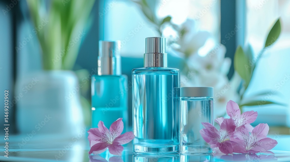 Cosmetic skincare bottles in transparent glass with pink flower petals beauty and freshness concept