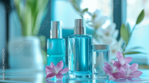 Obraz na płótnie Cosmetic skincare bottles in transparent glass with pink flower petals beauty and freshness concept w salonie