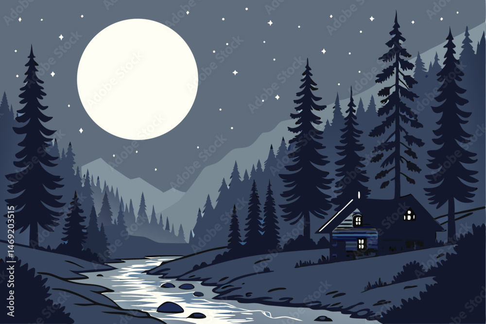 Naklejka premium 52 intricate night sky with full moon, dark forest landscape, small cabins along a shimmering river, dramatic lighting, cinematic, hyper-realistic, 8k, highly detailed