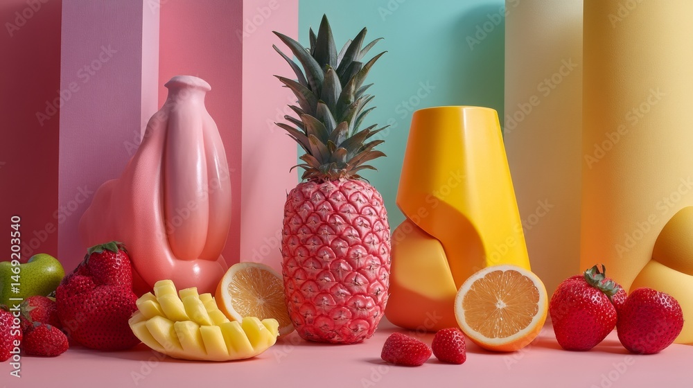 Colorful fruit composition on pastel background pineapple orange banana strawberry tropical minimal design style