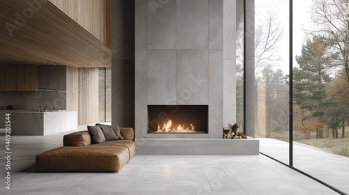 Modern, light-filled living room with a stone fireplace.