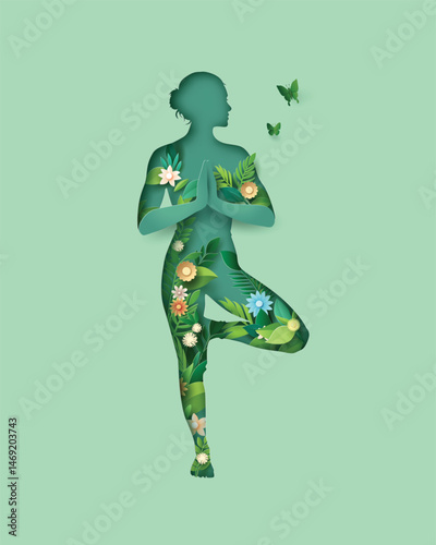 Floral Silhouette Yoga Woman in Paper Cut Style
