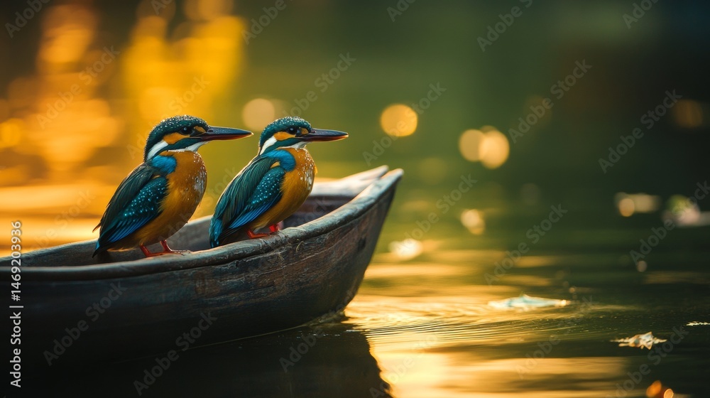 Two birds perched on canoe boat over calm lake water in sunset nature background setting