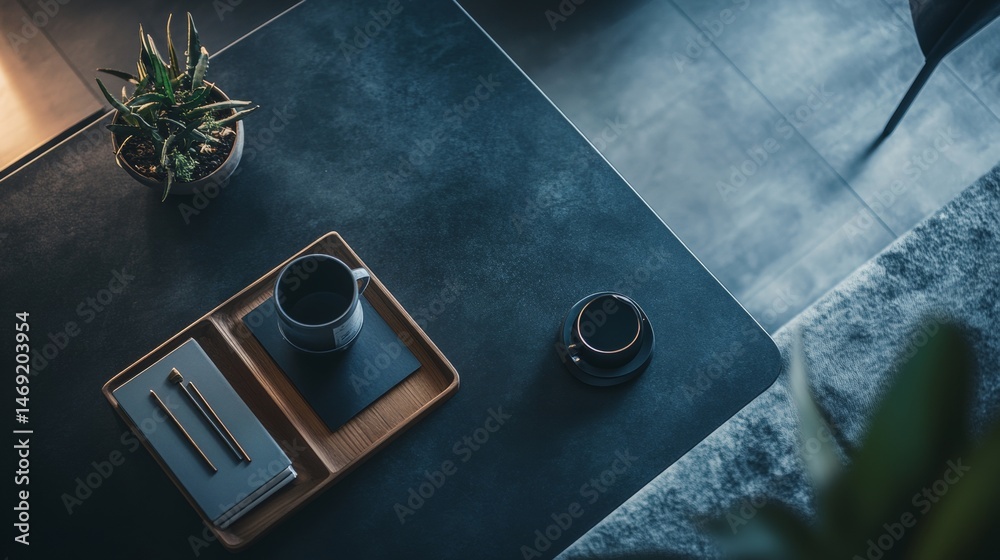 Modern office flatlay scene with tablet notebook coffee cup and potted plant in soft shadows