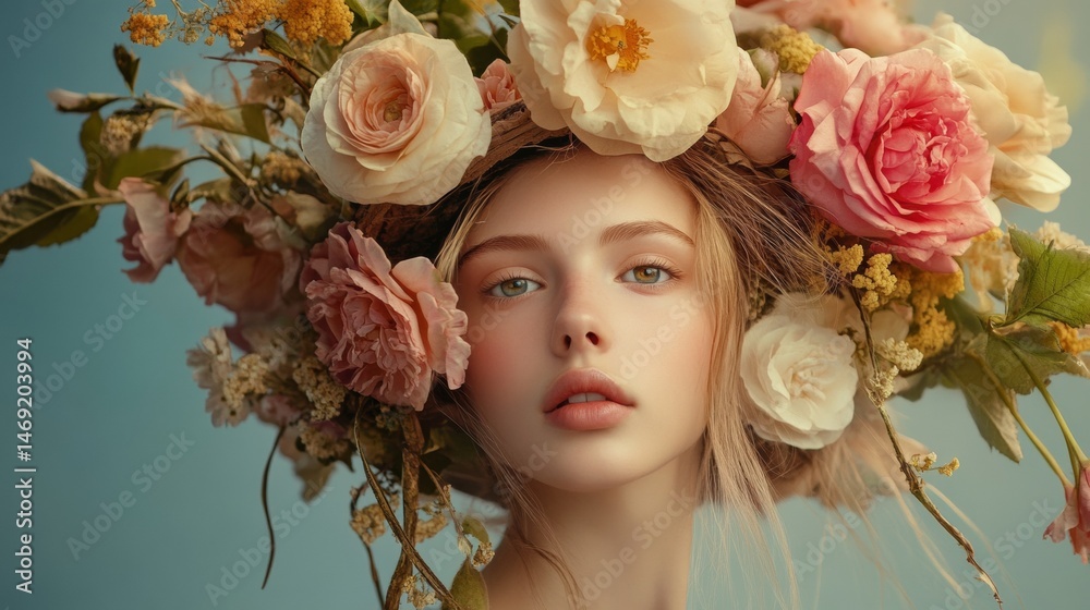Portrait of dreamy woman with colorful flower crown in soft ethereal sunlight atmosphere outdoors