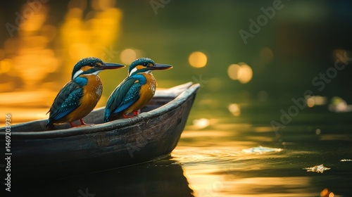 Obraz na płótnie Two birds perched on canoe boat over calm lake water in sunset nature background setting w salonie
