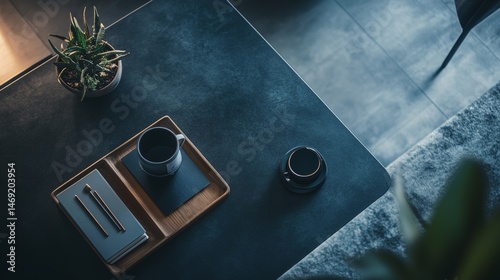 Obraz na płótnie Modern office flatlay scene with tablet notebook coffee cup and potted plant in soft shadows w salonie