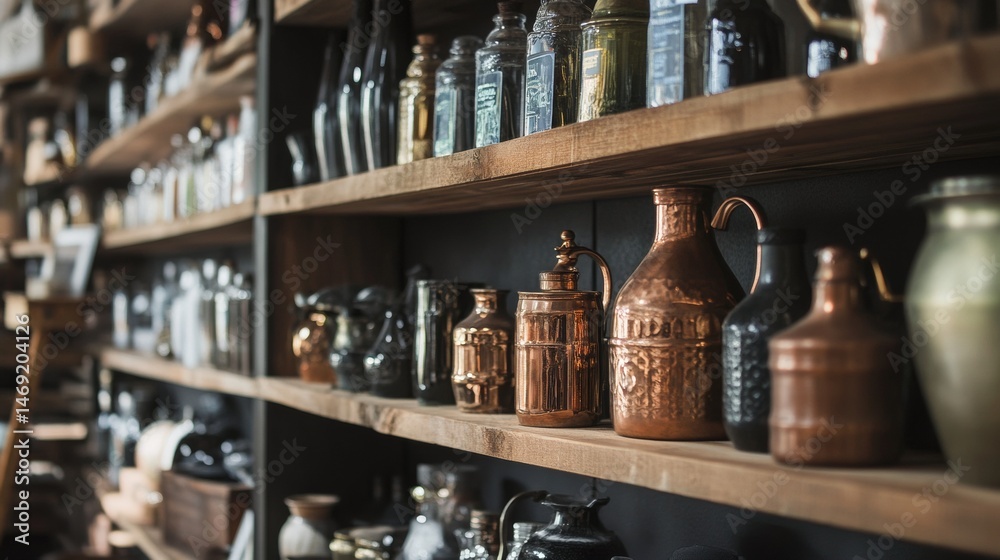 Shelf of antique bottles jars and vintage vessels in warm bar or apothecary interior background