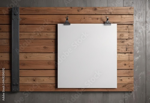 Wooden wall, metal clips, blank poster mockup, display, background