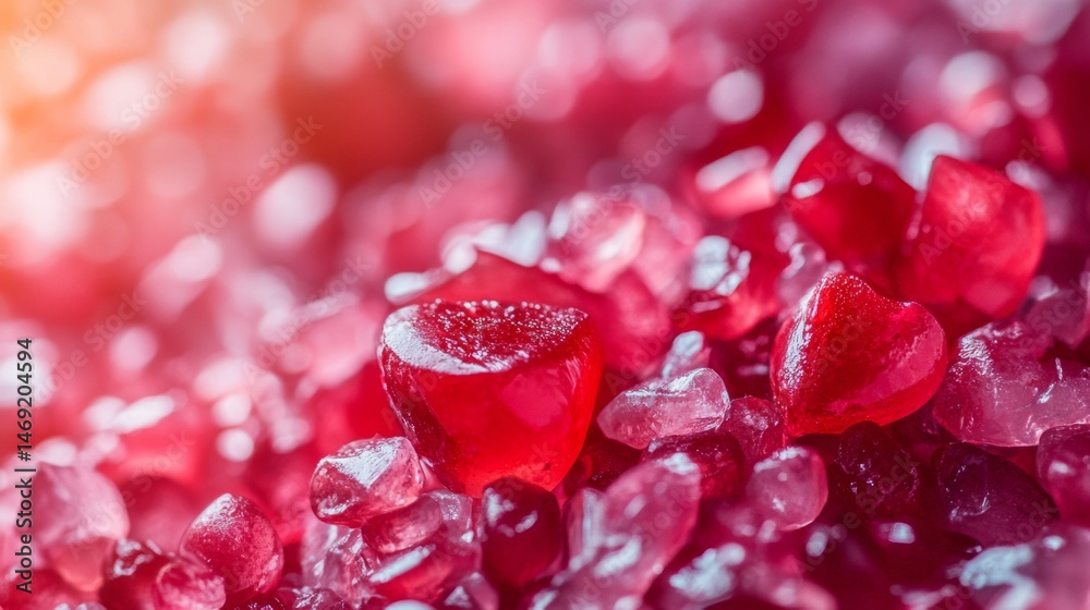 Macro shot of red pomegranate seeds glistening with dew drops under vibrant natural backlight