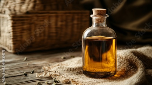 Small glass bottle with golden essential oil on rustic fabric texture and wooden background setting