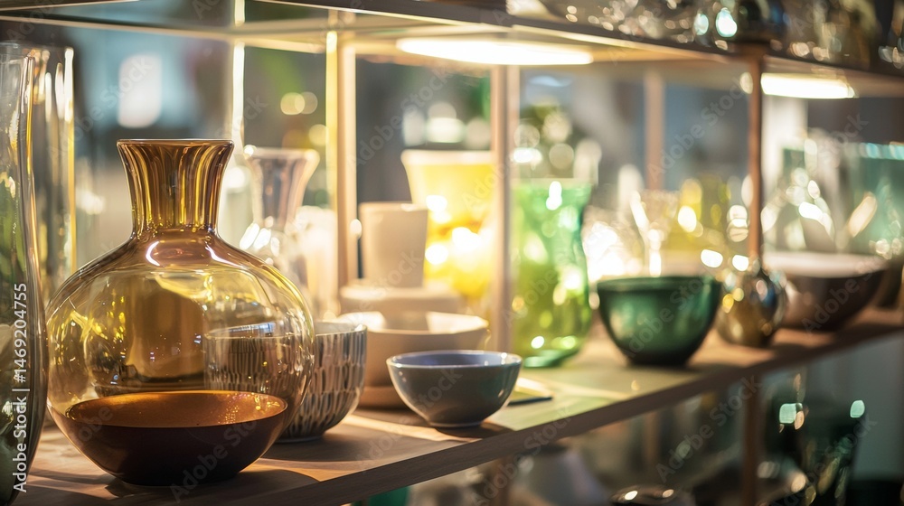 Shelf full of vintage glass bottles and ceramic dishes in elegant old-world lighting arrangement