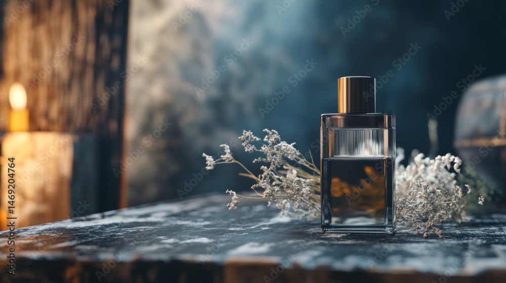 Perfume bottle placed on cold concrete slab with dry lavender and moody shadows in background