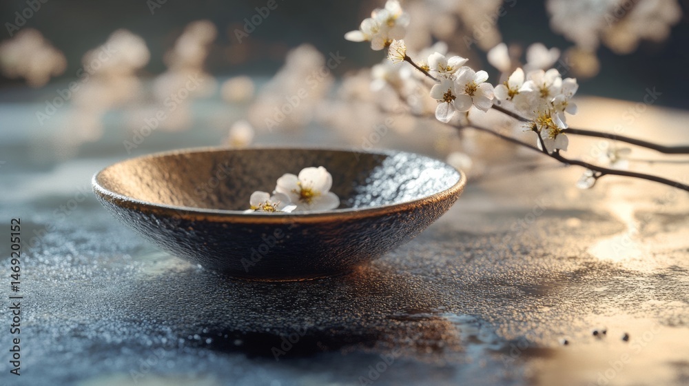 Wooden bowl with white flowers beside candles in relaxing spa ambient setting with soft light