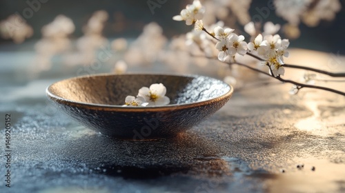 Obraz na płótnie Wooden bowl with white flowers beside candles in relaxing spa ambient setting with soft light w salonie