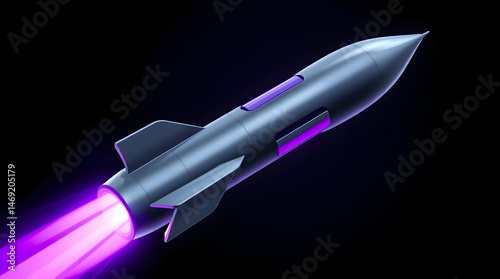 Modern rocket flying with purple trail against black background