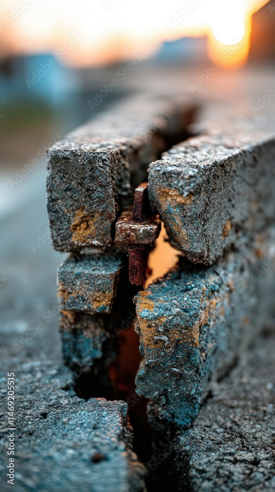 Cracked stone with rusty bolt at sunset background Cracked stone with rusty bolt at sunset background