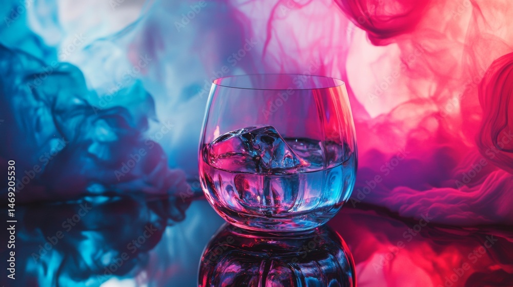 Glass of wine surrounded by swirling colorful ink clouds in surreal artistic liquid composition