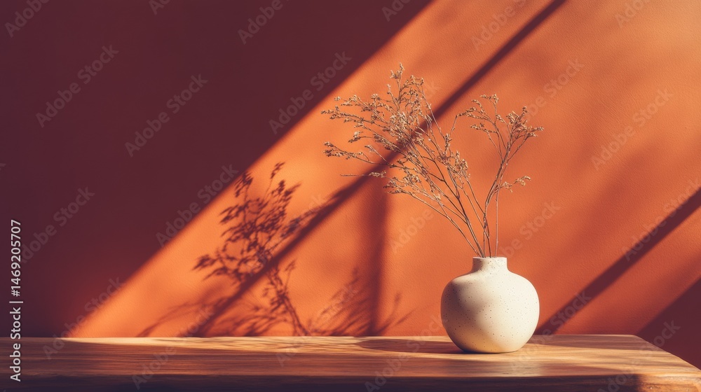 Single ceramic vase with dry branch casting sharp shadows on warm orange wall interior background
