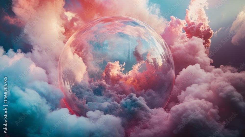 Fantasy cloudscape with glowing orb and vivid pink and purple skies in dreamy surreal scene