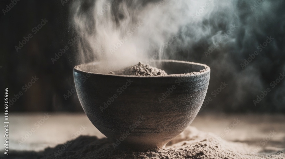 Steaming bowl of flour or powder on textured stone surface in rustic cooking themed photograph