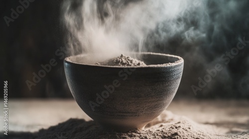 Obraz na płótnie Steaming bowl of flour or powder on textured stone surface in rustic cooking themed photograph w salonie