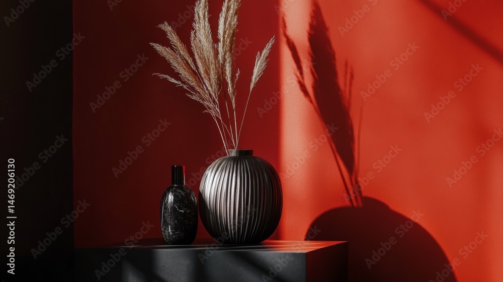 Red interior wall background with ceramic vases and dry floral stems in warm modern decor style