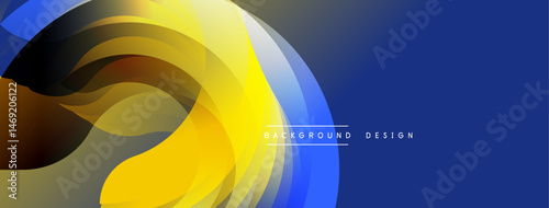 Abstract design features flowing yellow, blue shapes. Gradient colors create dynamic visual effect. Modern background element.