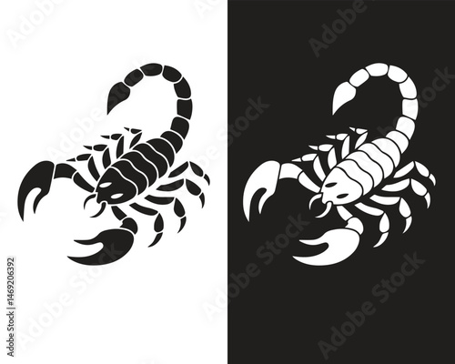 Minimalist Scorpion Silhouette Vector Icon on Black and White Backgrounds – Ideal for Tattoos, Logos, Emblems, Stickers, and Graphic Design Projects – Perfect for Bold, Modern, and Symbolic Artwork.