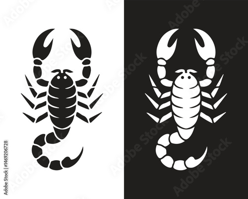 Minimalist Scorpion Silhouette Vector Icon on Black and White Backgrounds – Ideal for Tattoos, Logos, Emblems, Stickers, and Graphic Design Projects – Perfect for Bold, Modern, and Symbolic Artwork.