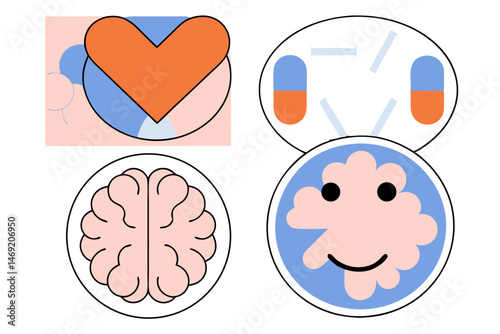 Icon Set of Mental Health Symbols Including Heart, Brain, Pills, and Smile
