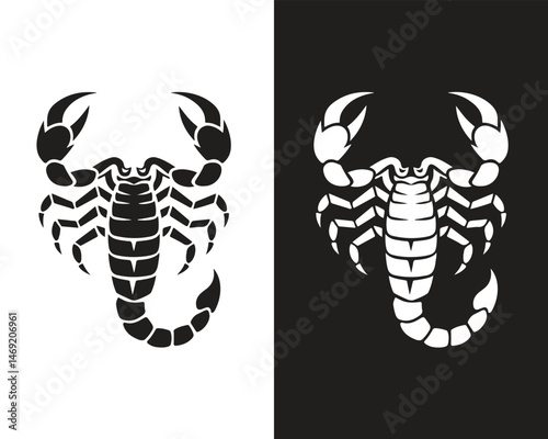Minimalist Scorpion Silhouette Vector Icon on Black and White Backgrounds – Ideal for Tattoos, Logos, Emblems, Stickers, and Graphic Design Projects – Perfect for Bold, Modern, and Symbolic Artwork.