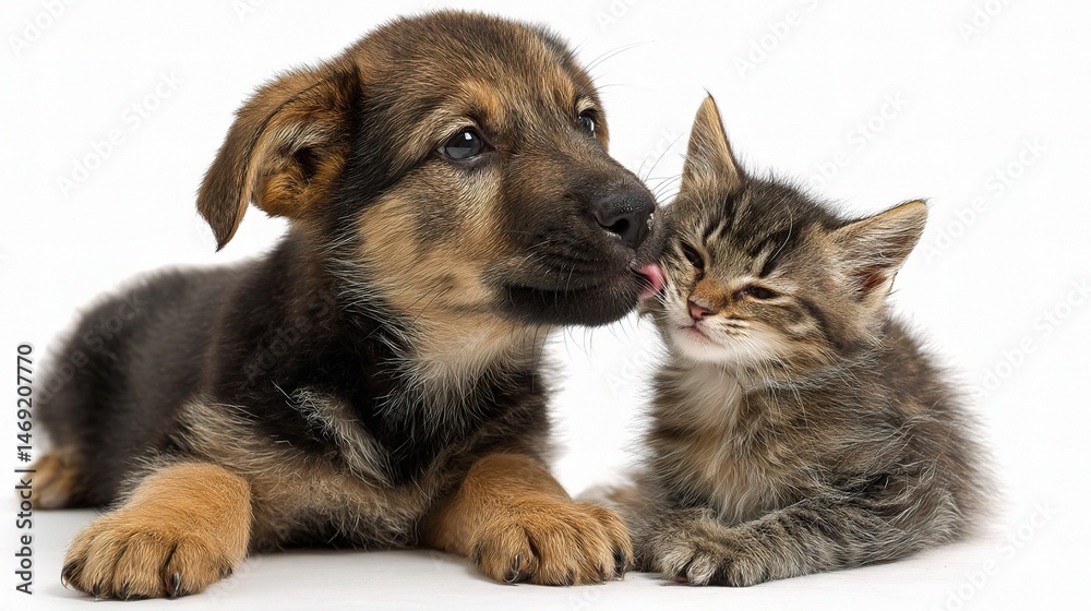 Obraz premium Sweet Puppy Giving Gentle Lick to Adorable Kitten's Cheek