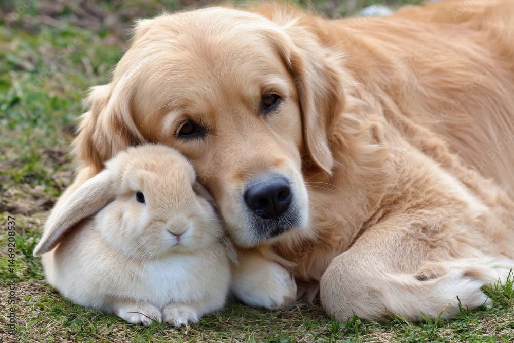 Golden Retriever cuddling a fluffy bunny, resting on grass, showing affection. Golden Retriever cuddling a fluffy bunny, resting on grass, showing affection.