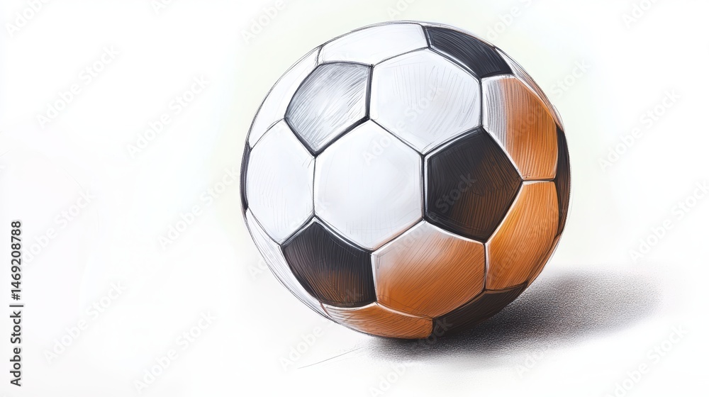 Naklejka premium A hand-drawn soccer ball in a sketchbook with shading and texture, showcasing the artistry behind sports equipment design.