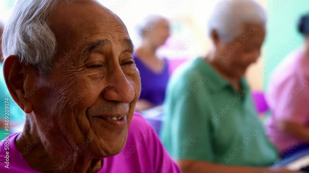 A Hispanic elder enjoys camaraderie at a lively community gathering, sharing laughter and stories with fellow seniors in vibrant surroundings A Hispanic elder enjoys camaraderie at a lively community gathering, sharing laughter and stories with fellow seniors in vibrant surroundings