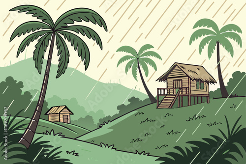 55 lush tropical village scene, palm trees, wooden huts, overcast sky, rainy day, scenic landscape, detailed painting, cinematic lighting, vibrant colors, moody atmosphere, digital art