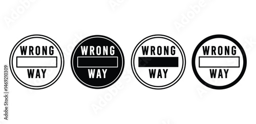 Wrong Way Sign Icons Black and White Circular Vector Graphic Design Set