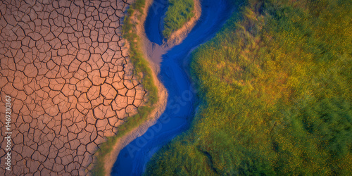 A single panoramic frame juxtaposes desert drought and green floodplain in one view.