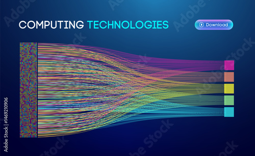 Abstract computing technologies visualization with colorful data streams, structured information flow, and digital processing on a dark background, representing artificial intelligence, big data, and