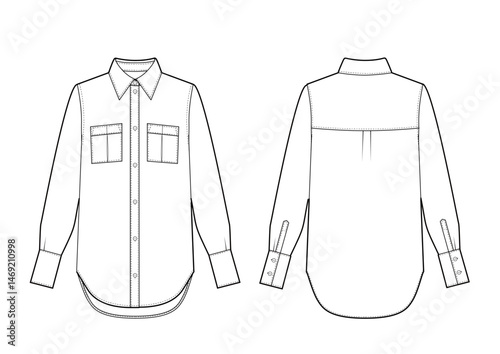 Long sleeves basic shirts with pockets flat drawing illustration for woven fabric fashion design sketch   