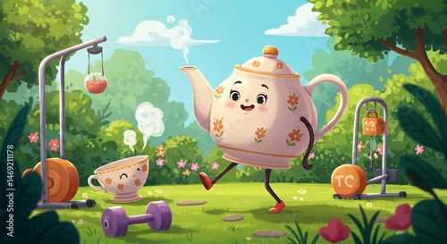 Teapot's Fitness Journey: A whimsical illustration of a cheerful teapot enjoying a workout in a vibrant, sunny park, accompanied by a teacup friend and fitness equipment.